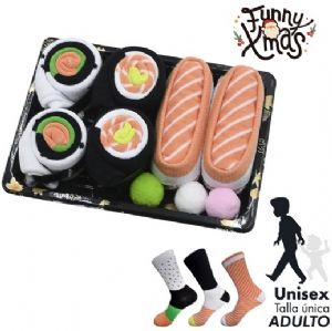 CAJA 3 PARES CALCETINES TALLA UNICA ADULTO SUSHI SALMON